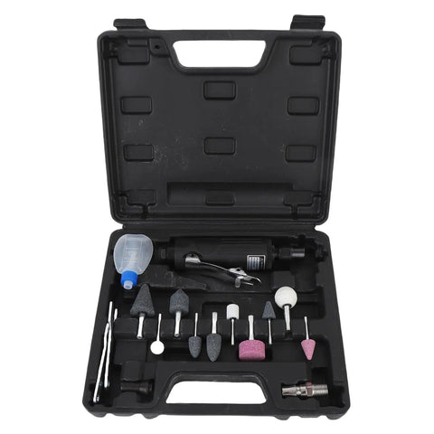 Heavy Duty Pneumatic Die Grinder Kit with assorted bits in black case for grinding, polishing, cutting metal and ceramic.