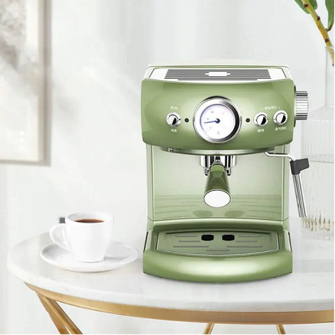 Fully Automatic And Semi Automatic Espresso Coffee Machine With Retro Design For Home Or Small Biz Pump Driven Strong Steam And Milk Froth Green Color Easy Auto And Manual Modes Great For Lattes Cappuccinos And More. Green retro espresso machine with visible control knobs and frother on a kitchen counter.