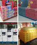 Blue Plastic Pallet Pair Mesh Nine Leg Design Forklift Ready Heavy Duty Storage Platform with stacked boxes in a store.