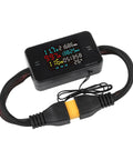 Hardcore Dc Power Meter And Battery Load Tester 8 To 80 Volt 50 Amp Analyzer with LCD showing current stats and XT60 connector.