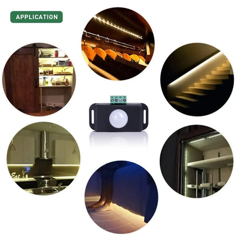 PIR Motion Sensor LED Light Switch With Adjustable 1 To 10 Minute Timer 8 Meter Detection 12 Volt And 24 Volt Input Infrared Controller For LED Strips Sign Lighting No Fuss Auto On Auto Off for cabinet, stair and closet lights