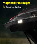 Rechargeable Magnetic LED Flashlight 1000 Lumens attached to car trunk for hands-free use, spotlighting area