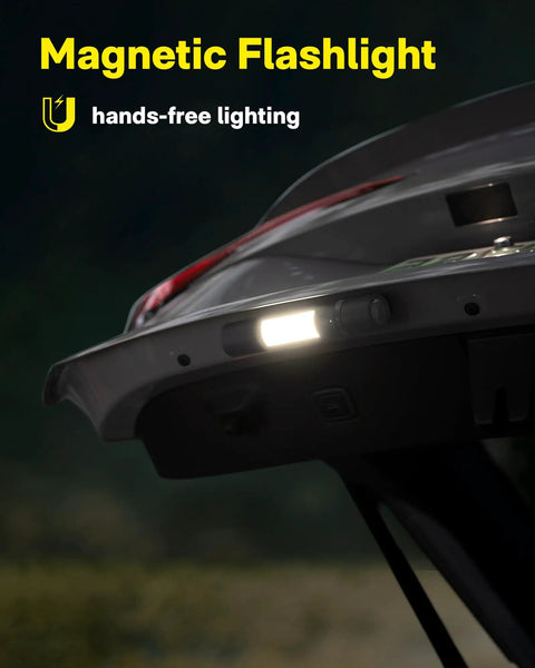 Rechargeable Magnetic LED Flashlight 1000 Lumens attached to car trunk for hands-free use, spotlighting area