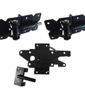 Black Vinyl Fence Gate Hardware Kit With Self Closing Parts And Heavy Duty Hinges Paired With A Lockable Latch displayed together.