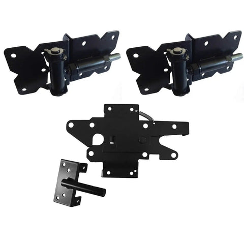 Black Vinyl Fence Gate Hardware Kit With Self Closing Parts And Heavy Duty Hinges Paired With A Lockable Latch displayed together.