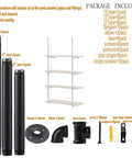Wall Mount Iron Pipe Shelves Set 4 Tier Go-To Open Storage Brackets Hardware Only For Office Kitchen Living Room Vintage Retro Style 56 Inch Tall 12 Inch Depth Includes Flanges Tees Elbows shown with pipes and fittings.