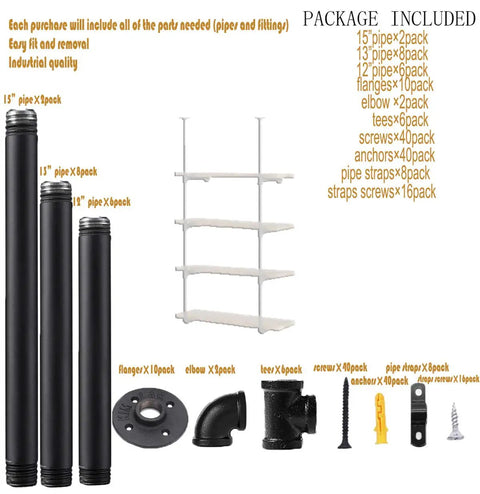 Wall Mount Iron Pipe Shelves Set 4 Tier Go-To Open Storage Brackets Hardware Only For Office Kitchen Living Room Vintage Retro Style 56 Inch Tall 12 Inch Depth Includes Flanges Tees Elbows shown with pipes and fittings.