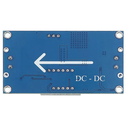 Back view of Adjustable DC-DC Buck Converter Power Module With Digital Voltmeter Display, showing blue circuit board design.