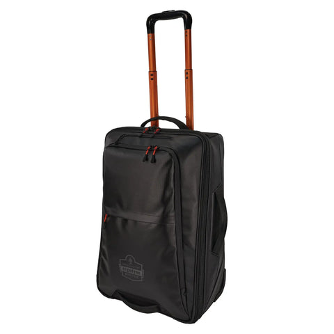 Soft Sided Rolling Carry-On Bag That Expands Up To 1.5 Inches For 42 Liter Capacity, Durable Water-Resistant Tarpaulin With 600D Ripstop, Wide Clamshell Opening, Rigid Base, Built Tough For Gear Hauls with extended handle viewed from front