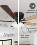 52 Inch Traditional Ceiling Fan With Five Blades And Dope LED Light Kit, Low Profile Hugger For Medium To Large Rooms, Reversible Dark Mahogany And Light Maple Blades, 3 Speed Pull Chain, Quiet Oil Rubbed Bronze Finish, Reverse Airflow