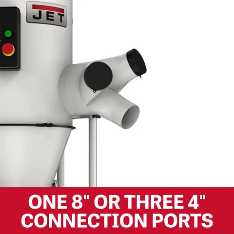 Professional 3 Hp 230 Volt Cyclone Dust Collector With 2 Micron Pleated Filter And Wireless Remote Timer Shut Off shows connection ports.