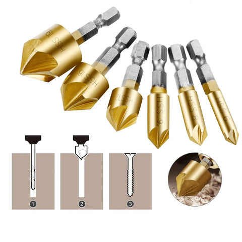 Professional Grade 6 Piece Countersink Drill Bit Set With 1 4 Inch Hex Shank And Tough Hss Construction for wood and drywall.