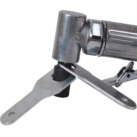 Heavy Duty Air Die Grinder With 1/4 Inch Hex Shank And 90 Degree Angled Head close-up of silver metal attachment and joint mechanism.