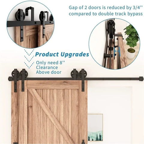 Heavy Duty Bypass Sliding Barn Door Hardware Kit For 4 To 16 Feet Black Top Mounted Rails Durable Steel Tracks And Rollers