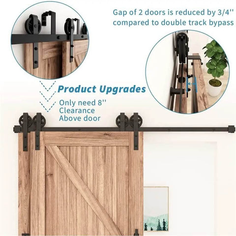 Black Top Mounted Bypass Sliding Wood Barn Door Hardware Kit For Double Doors installed on wooden door with smooth rollers and rail system.