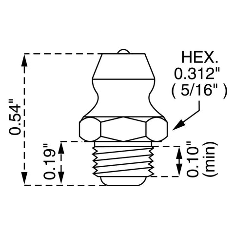 Technical diagram of Gold Silver One Quarter Inch Twenty Eight Taper Thread Straight Grease Fitting 0.54 Inch Long for industrial use.