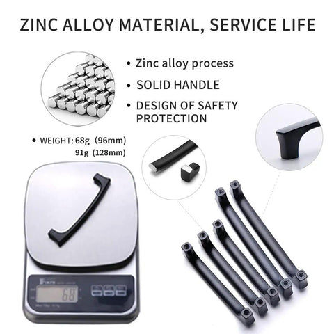 Black Cabinet Pulls 20 Pack Matte Finish 5 Inch Drawer Handles shown on scale, highlighting zinc alloy durability and design