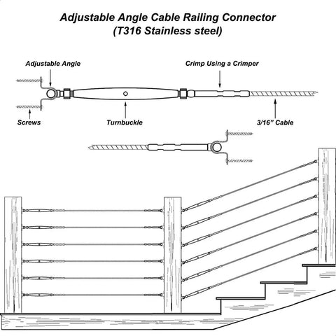 Diagram of stainless steel cable railing system showing turnbuckle and adjustable angle for 3/16 inch cable with wood posts.