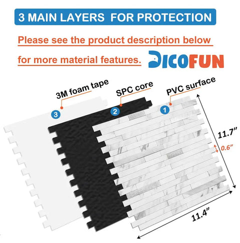 Diagram of 10 Sheet Peel And Stick Backsplash Tile With Faux White Marble Look showing PVC surface, SPC core, and 3M foam layers.