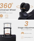 Detailed view of 360° universal wheel and 3-stage adjustment handle of Your Go To Carry On That Fits Overhead Bins 22x14x9 Inches Water Resistant Softside Spinner With TSA Lock And 3 Pouches Lightweight Travel Case For Air Travel