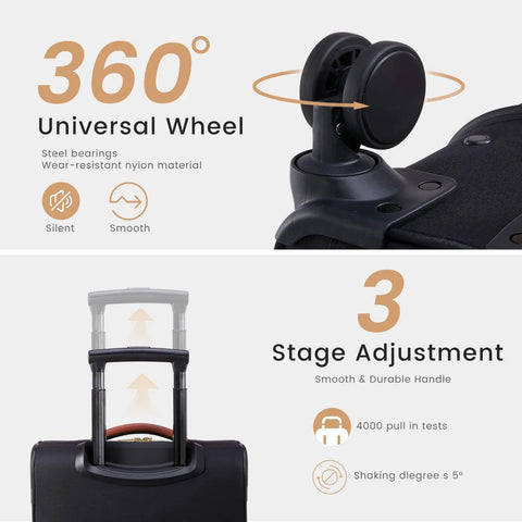 Detailed view of 360° universal wheel and 3-stage adjustment handle of Your Go To Carry On That Fits Overhead Bins 22x14x9 Inches Water Resistant Softside Spinner With TSA Lock And 3 Pouches Lightweight Travel Case For Air Travel