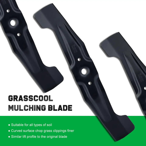 Mulching Blade Set For Honda HRR216 Series Walk Behind Mower 21 Inch Replacement Blades close-up view of curved grasscool design.