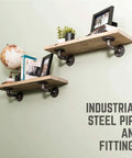 Hella Sturdy Industrial Pipe Shelf Brackets Six Inch Four Pack Wall Mounted Double Flange Floating Shelf Hardware displaying rustic wooden shelves.