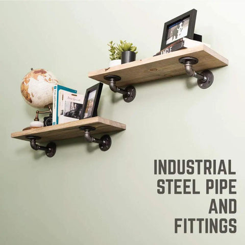 Hella Sturdy Industrial Pipe Shelf Brackets Six Inch Four Pack Wall Mounted Double Flange Floating Shelf Hardware displaying rustic wooden shelves.