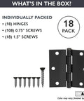 Matte Black 18 Pack Interior Door Hinges 3.5 Inch Square Corner With Six Holes And Removable Pins shown with screws