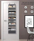 Seven Tier Over Door Hanging Storage Rack With Plentiful Mesh Side Pockets For Closets And Baths, gray, mounted on a white door.