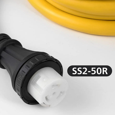 Close-up of 10 Ft 14-50P To SS2-50R 50 Amp Power Cord Adapter Kit Combo With Twist Lock Receptacle showcasing SS2-50R end