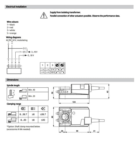 Electrical installation guide and dimensional drawing for Kick Ass Modulating Damper Actuator 10 Nm Torque Powered By 24 Volt AC DC Current.