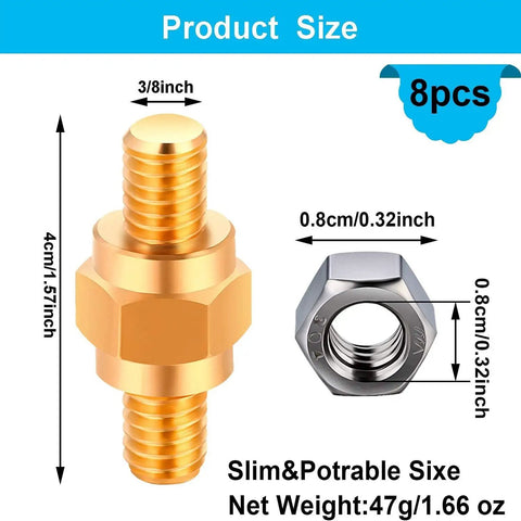 8 Piece Side Post Battery Terminal Adapters 3/8 16 Threaded 1.5 Inch Solid Brass Extender Screws showing size dimensions of gold adapter.