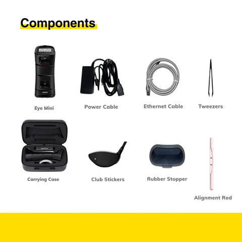 Components of Eye Mini Golf Launch Monitor And Indoor Outdoor Simulator With 19 Precision Metrics, near zero latency.