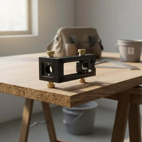 Premium Adjustable Hole Positioning Jig With Stainless Steel Sleeves For Accurate Doweling And Cabinet Assembly on wooden table, showing precision features.