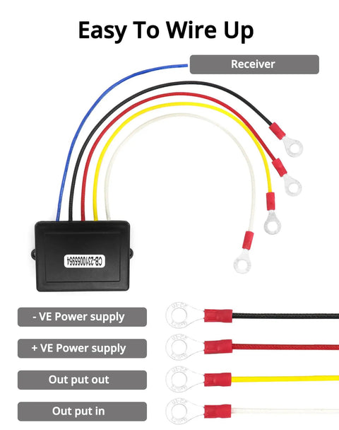 Receiver wiring for the Heavy Duty 12V Wireless Winch Kit With 250A Solenoid Relay Contactor, labeled easy to wire up