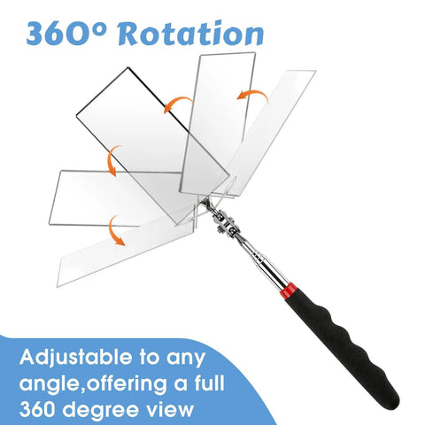 Two Piece Telescoping Inspection Mirror Set With 360 Degree Swivel And Extendable Arm displayed with angled view options