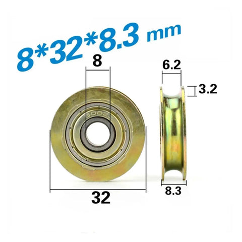 Heavy Duty U Groove Guide Wheel 8*32*8.3 mm steel pulley for sliding gates and industrial trolleys, featuring quiet ball bearings.