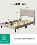 Queen Bed Frame With Upholstered Linen Striped Headboard And Adjustable Height Wood Slat Support dimensions and weight capacity displayed.