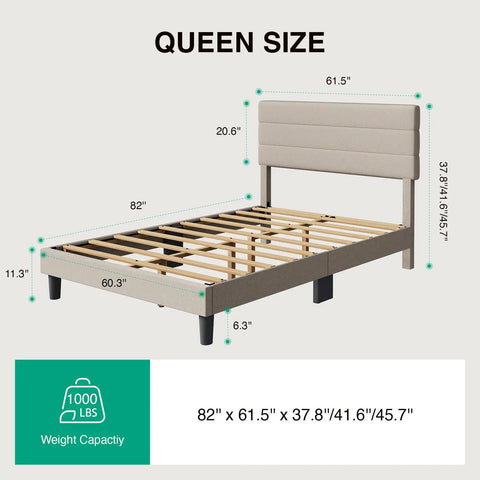 Queen Bed Frame With Upholstered Linen Striped Headboard And Adjustable Height Wood Slat Support dimensions and weight capacity displayed.