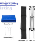 Pop Up Canopy Tent 10x10 Ft With Slant Leg Frame package contents including blue canopy top, stakes, carry bag, and steel frame.
