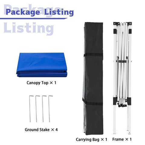 Pop Up Canopy Tent 10x10 Ft With Slant Leg Frame package contents including blue canopy top, stakes, carry bag, and steel frame.