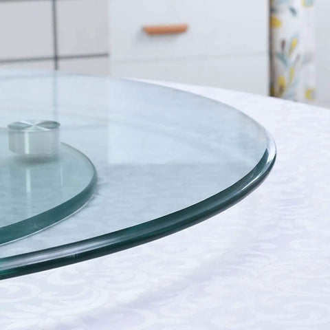 Edge view of Large Round Glass Lazy Susan Turntable For Dining Tables 360 Degree Swivel Serving Tray Clear Tempered Glass 47 Inch