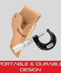 Heavy Duty Leather Belt Holster For 1 Inch Outside Micrometer with micrometer, tan leather, durable, portable design, on the go pouch