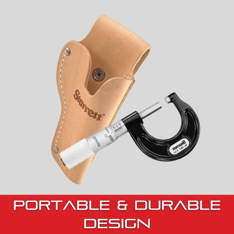 Heavy Duty Leather Belt Holster For 1 Inch Outside Micrometer with micrometer, tan leather, durable, portable design, on the go pouch