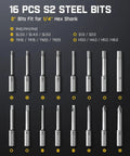 16-piece S2 steel bits set for S1 Pro Electric Screwdriver With 220 RPM Magnastrom Motor grid layout.
