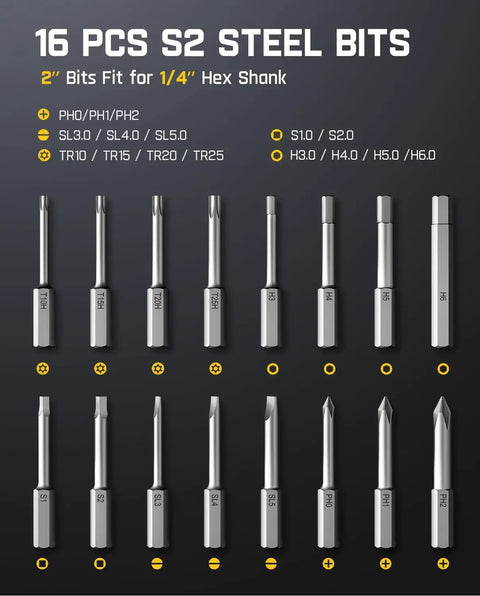 16-piece S2 steel bits set for S1 Pro Electric Screwdriver With 220 RPM Magnastrom Motor grid layout.