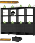 Black 7.2 Ft Wood Closet System Organizer, Set of 4 Modular Wardrobe Units with Hanging Rods, showing dimensions and capacity.