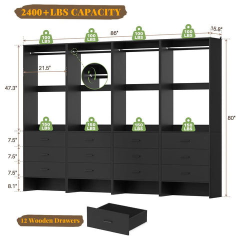 Black 7.2 Ft Wood Closet System Organizer, Set of 4 Modular Wardrobe Units with Hanging Rods, showing dimensions and capacity.