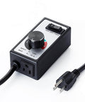 AC Motor Speed Controller For Fans Up To 15A Max 120V Adjustable Dial In For Hydroponics Inline Duct Exhaust And Ceiling Fans With 6 Foot Grounded Cord 2000W Resistive 1500W Inductive Load. Black rectangular control box with dial and plug.